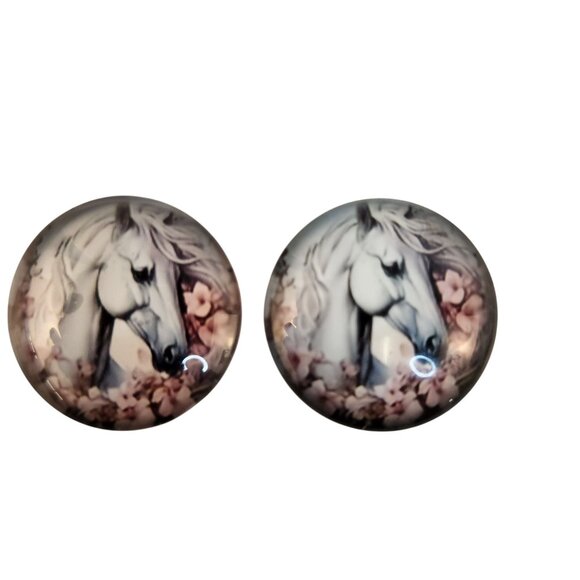 Set of 2 White Horse Glass Cabochons 1 Inch Round, Floral Dome Craft Supply for - Picture 6 of 6